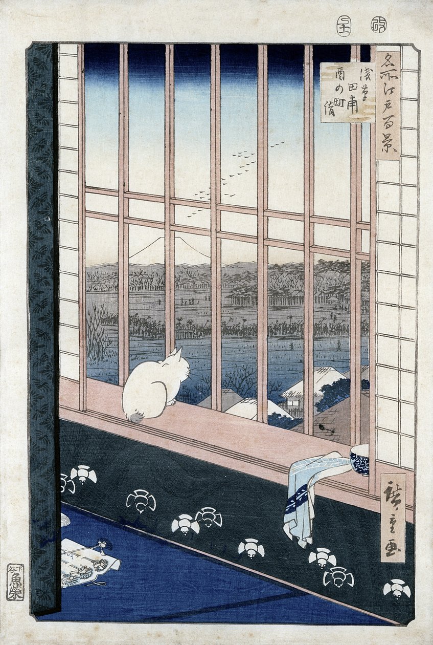 从1861年的“Meisho Edo Hyakkei”系列（江户百景）系列公鸡节目中的浅草稻田（彩色木版画） 作者 歌川宏重