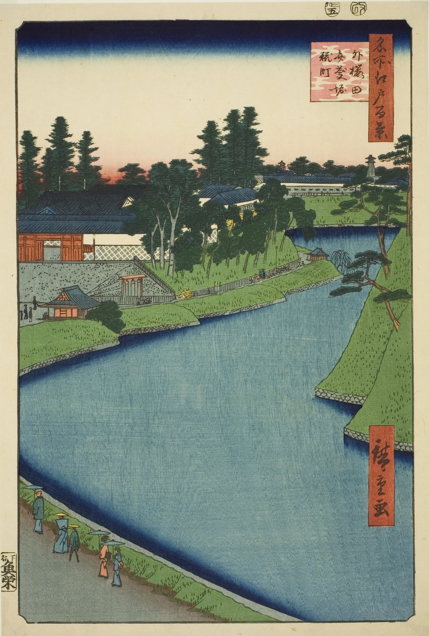 江户百景 "系列中的 "从曹洞樱田到麹町的弁庆护城河"（《曹洞樱田弁庆堀麹町》）。 作者 歌川宏重