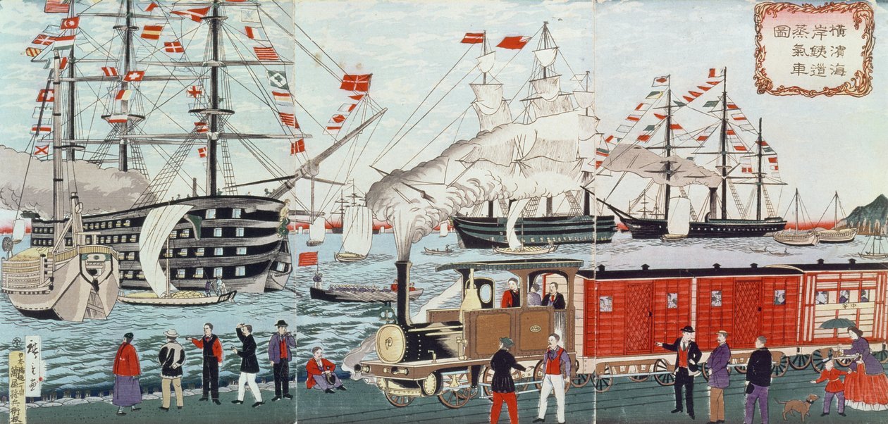 1853年佩里准将铁路给日本人的礼物（木版画） 作者 歌川宏重