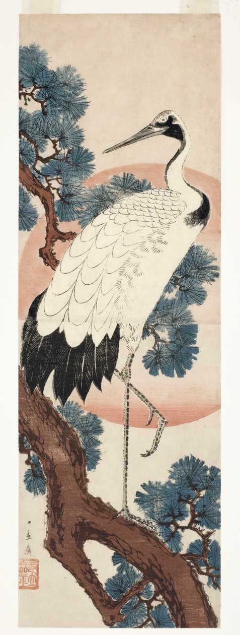 在日出时的松树鹤，1850-55（木刻） 作者 歌川宏重
