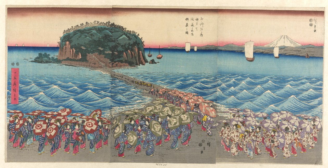 前往相模省江之岛弁财天神社参拜的人群（相模省江之岛弁财天会町神社贡品图） 作者 歌川宏重