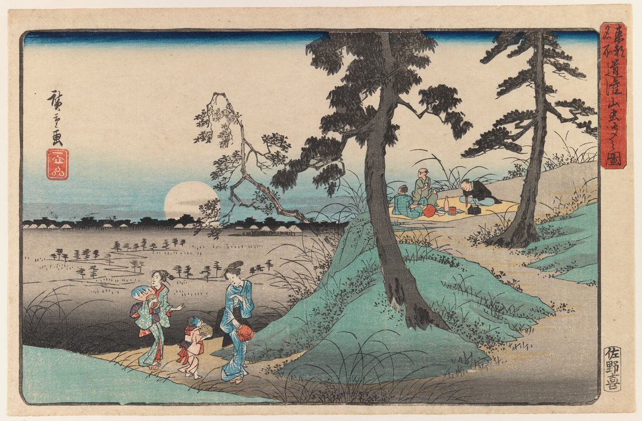 从江户系列（彩色木版画）欣赏月夜的Dokanzana昆虫 作者 歌川宏重