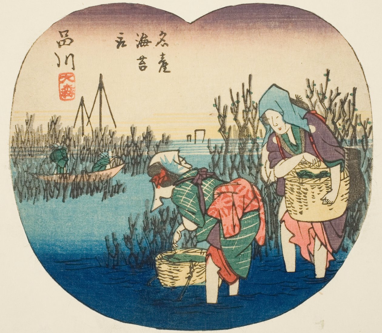 在品川大森采集海藻（品川，大森，meisan nori tori），"东海道剪影 "系列第 1 张的一部分 作者 歌川宏重