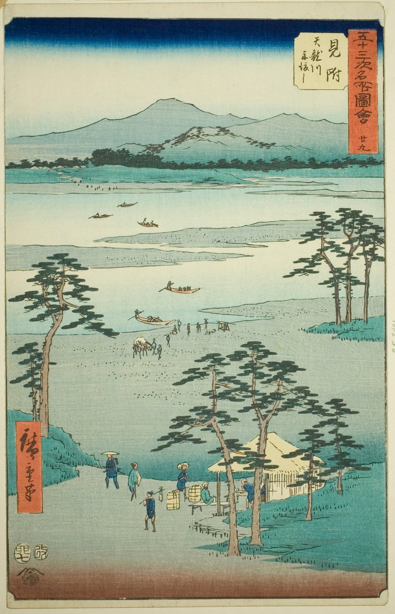 三助：天龙川上的渡船（三助，天龙川船渡），编号 29，出自 "五十三站名胜 "系列，又称 "垂直东海道"。 作者 歌川宏重