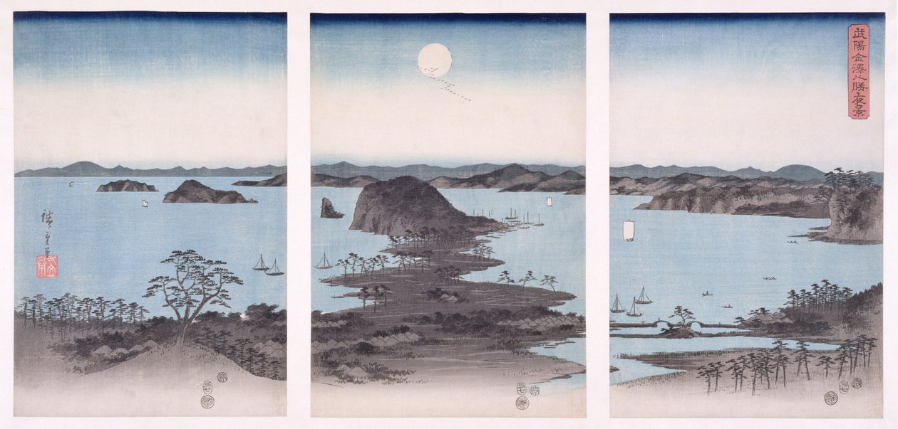 满月的金泽景观全景，来自“雪，月，花”系列，1857年（木版画） 作者 歌川宏重