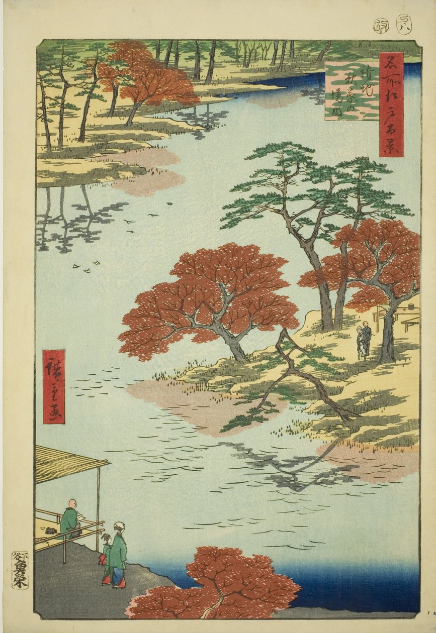 江户百景 "系列中的 "浮寺秋叶神社"（浮寺秋叶之景）。 作者 歌川宏重