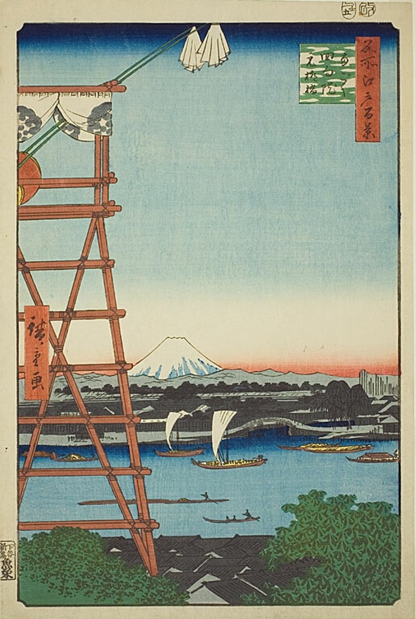 江户百景 "系列中的第 5 号 "龙谷江口院和本柳桥（龙谷江口院本柳桥）"。 作者 歌川宏重