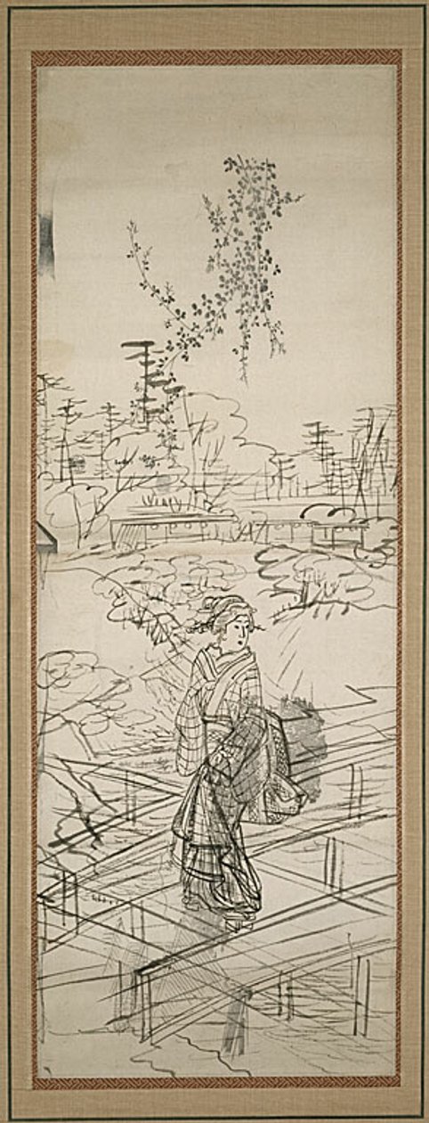 妇女过桥的素描 作者 歌川宏重