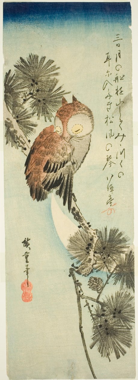小角鸮、松树和新月 作者 歌川宏重