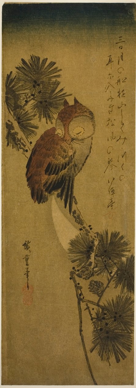小角鸮、松树和新月 作者 歌川宏重