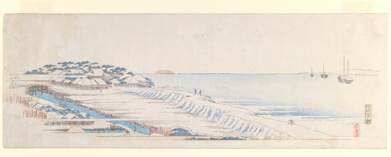 Susaki的Snow Dawn，来自Letter-Sheet套装，c.1839-40（彩色木版画） 作者 歌川宏重