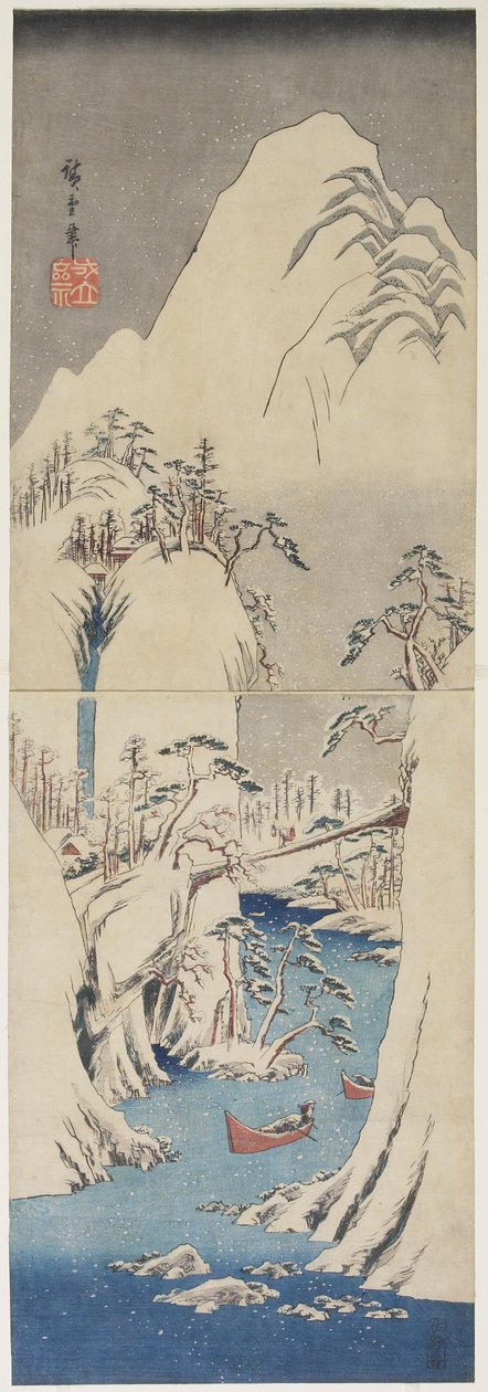富士河的雪景，c。 1842 作者 歌川宏重