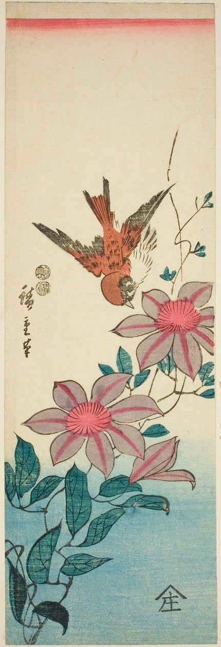 麻雀和铁线莲 作者 歌川宏重
