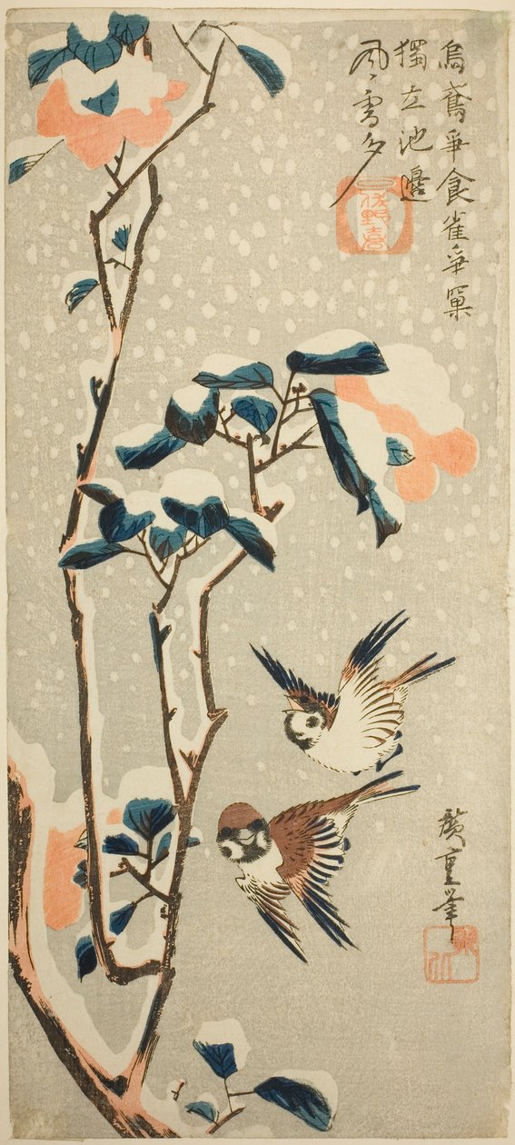 雪中的麻雀和山茶花 作者 歌川宏重