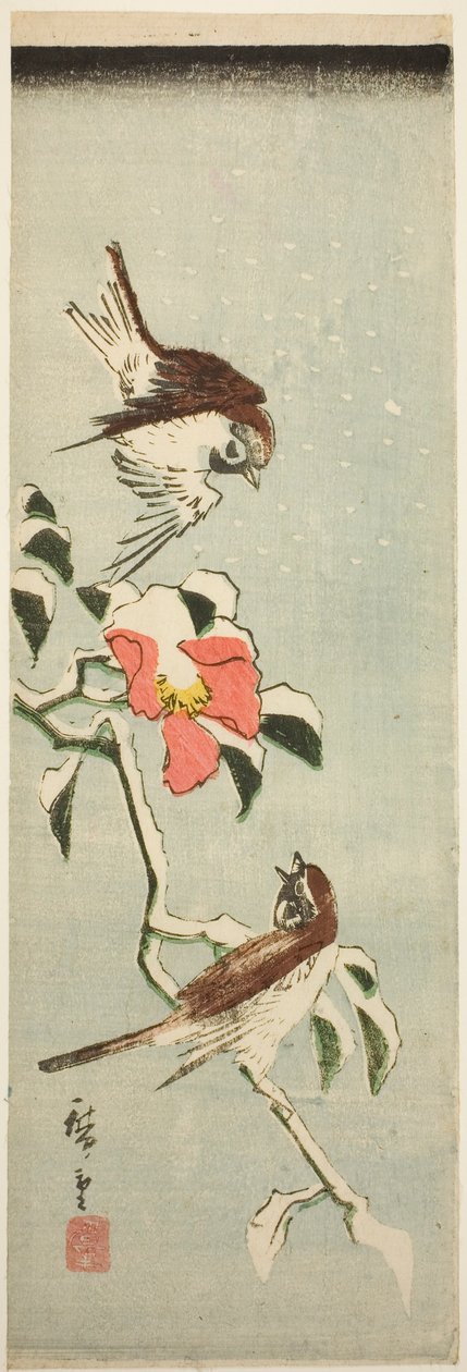 雪中的麻雀和山茶花 作者 歌川宏重