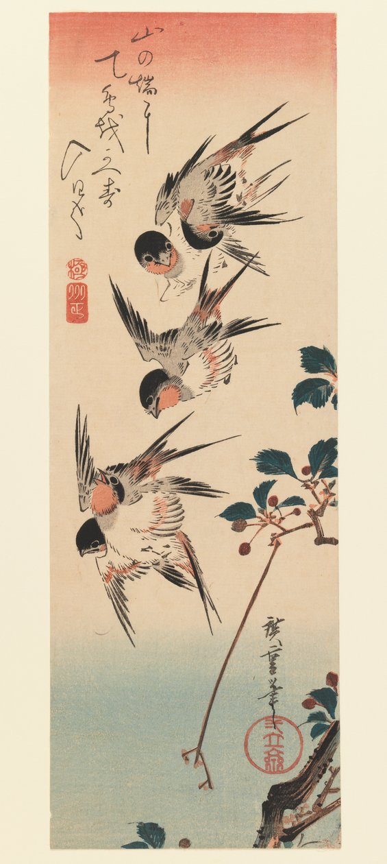 Tanzaku，Four Swallows，1832（彩色木版画） 作者 歌川宏重