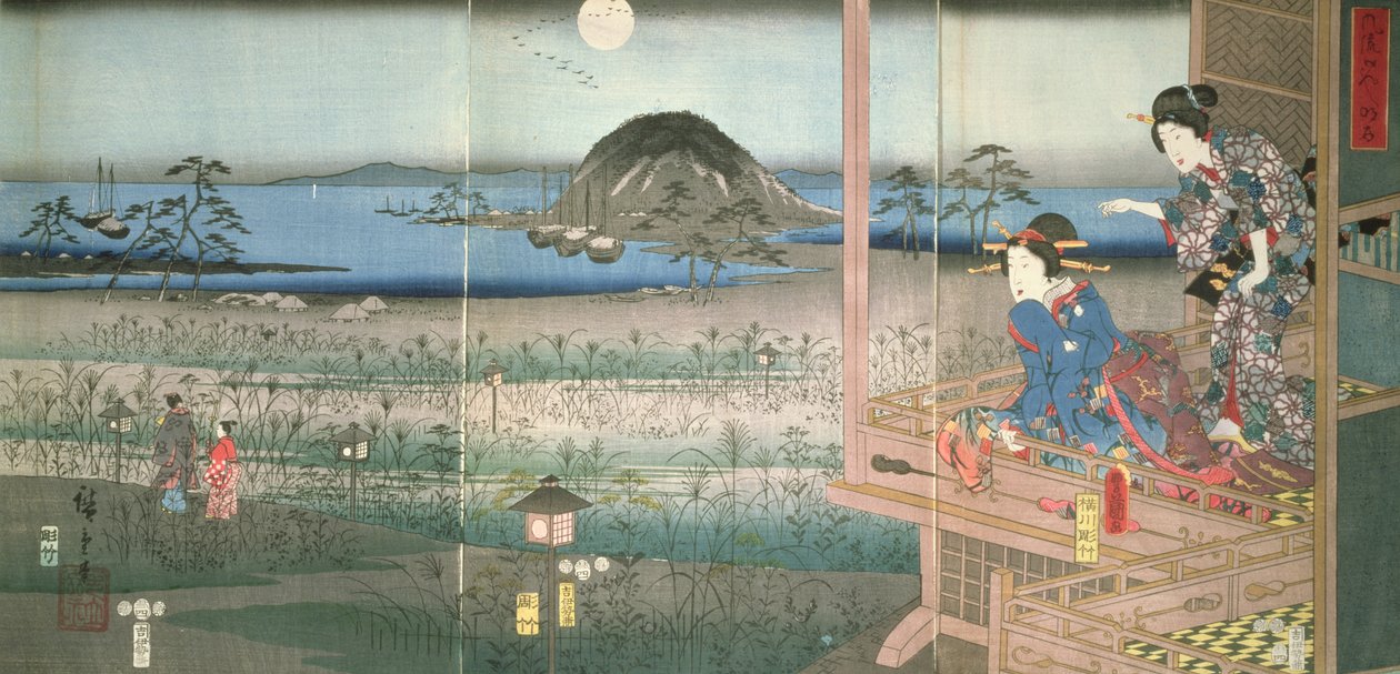 富士通夫人看着源氏王子于1853年在月光下离去（彩色木版画） 作者 歌川宏重