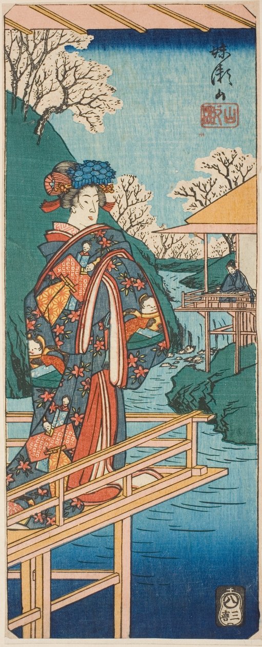 伊莫塞山》（Imoseyama, yama no dan）一剧中的山景，"剪纸中的戏剧映像（Harimaze joruri kagami）"系列纸张的一部分 作者 歌川宏重