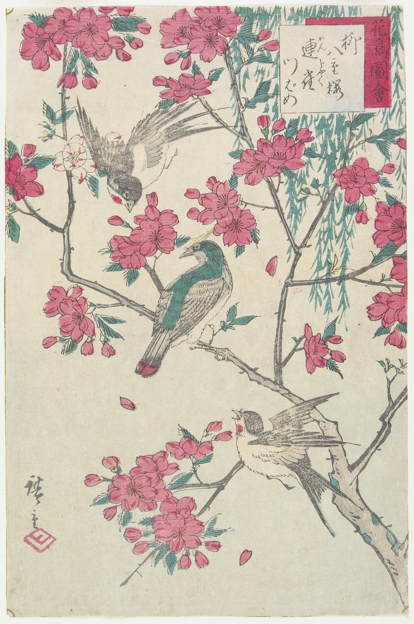 柳树，樱花，麻雀和燕子，19世纪初 作者 歌川宏重