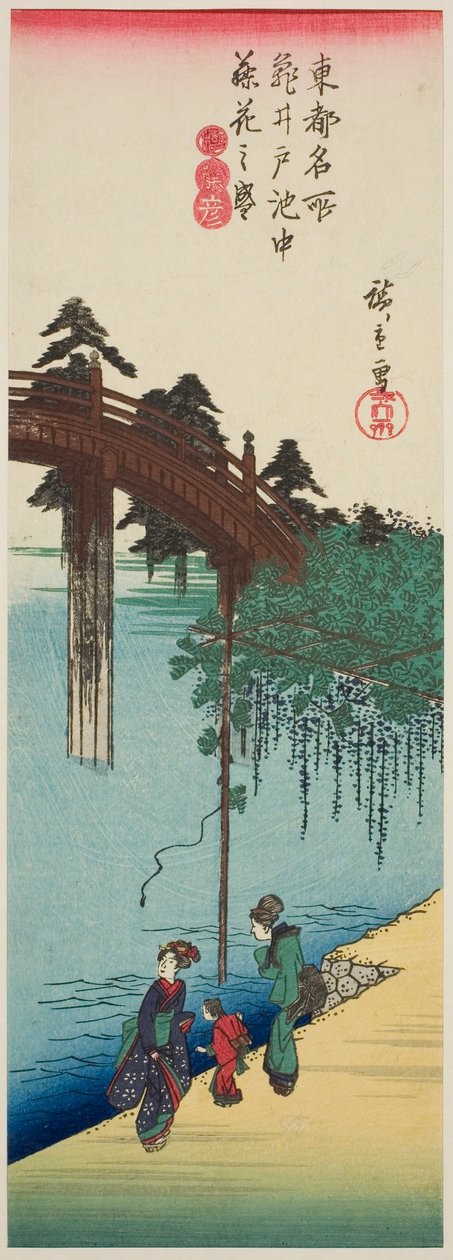 龟户神社池塘上盛开的紫藤（龟户池中藤花之盛），出自《东都名胜》系列 作者 歌川宏重