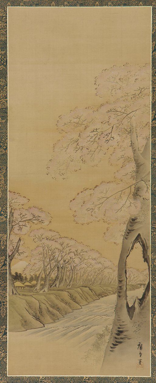 景观：溪流两岸的樱花树，江户时期，1615-1868。 作者 歌川广重二世