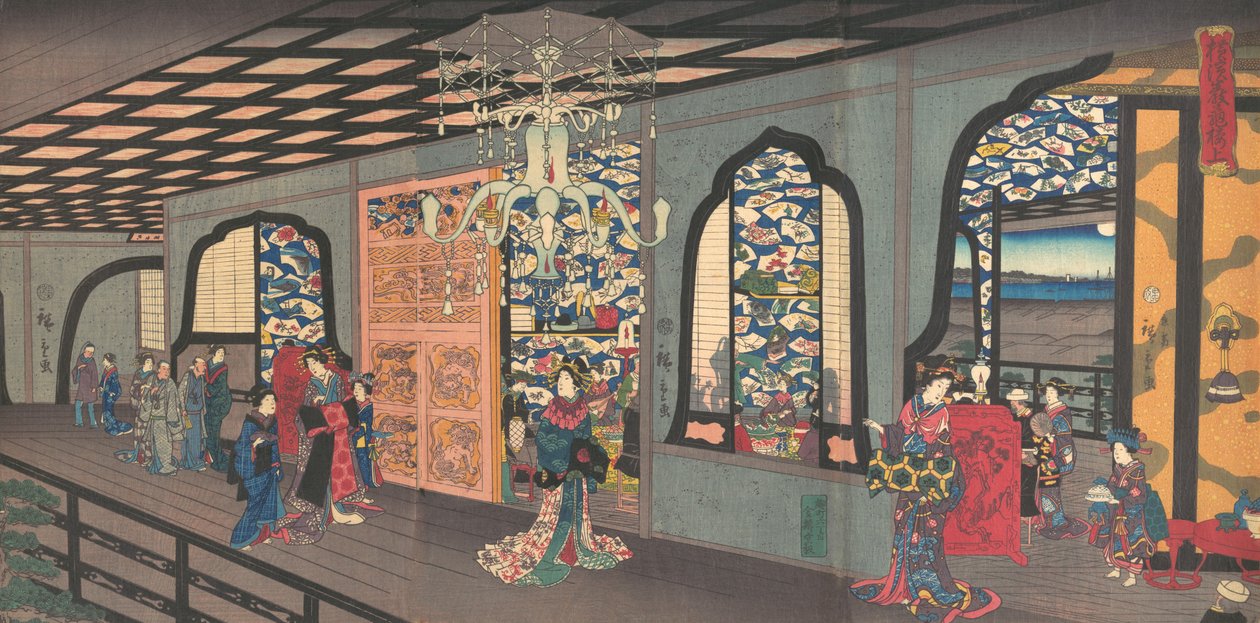 1860年4月，横滨市甘吉罗茶馆的上层楼。 作者 歌川广重二世