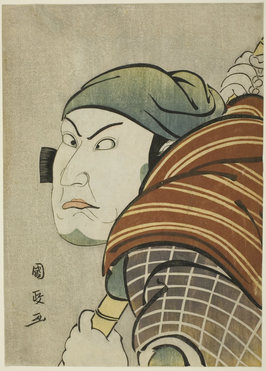 1796 年 11 月，在宫古剧场上演的话剧《圣和二阶堂源氏》中饰演伊予之太郎的演员片冈尼左卫门五世。 作者 歌川国正