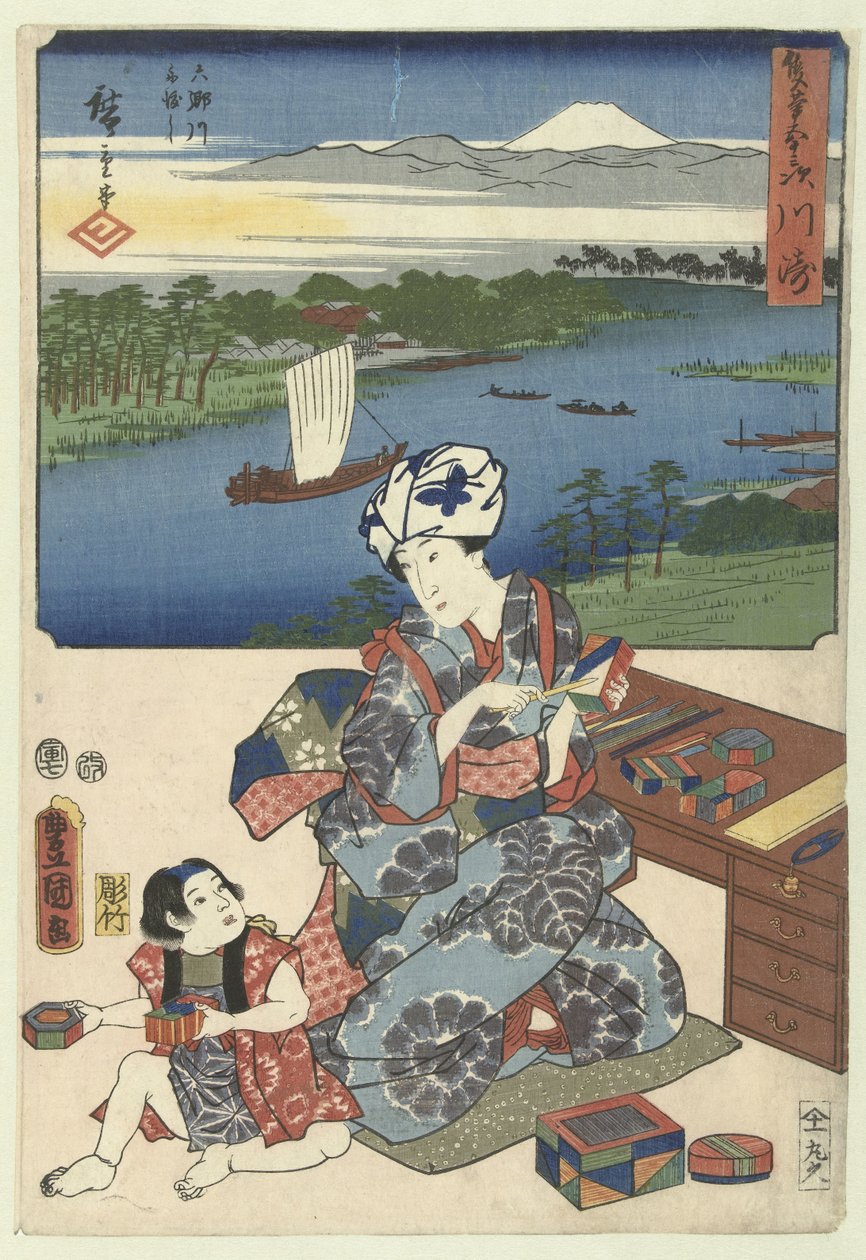 川崎（物品上的标题）
De 53 stations door twee penselen（系列标题）
Sohitsu gojusan tsugi（物品上的系列名称） 作者 歌川国贞（一）