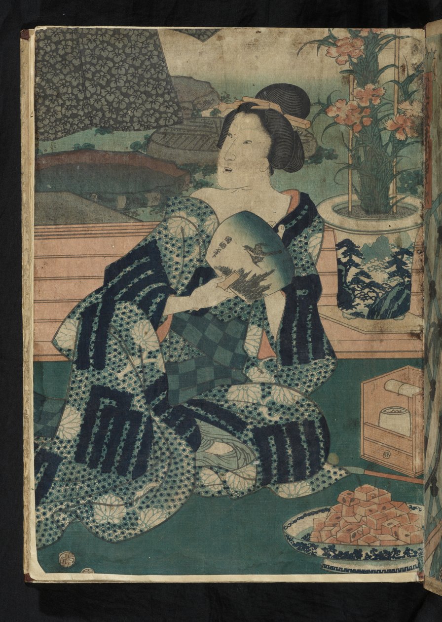 Avant et après - 坐着的日本女人在“第六个月：夏季晾晒衣服”中扇自己的扇子 作者 歌川国贞