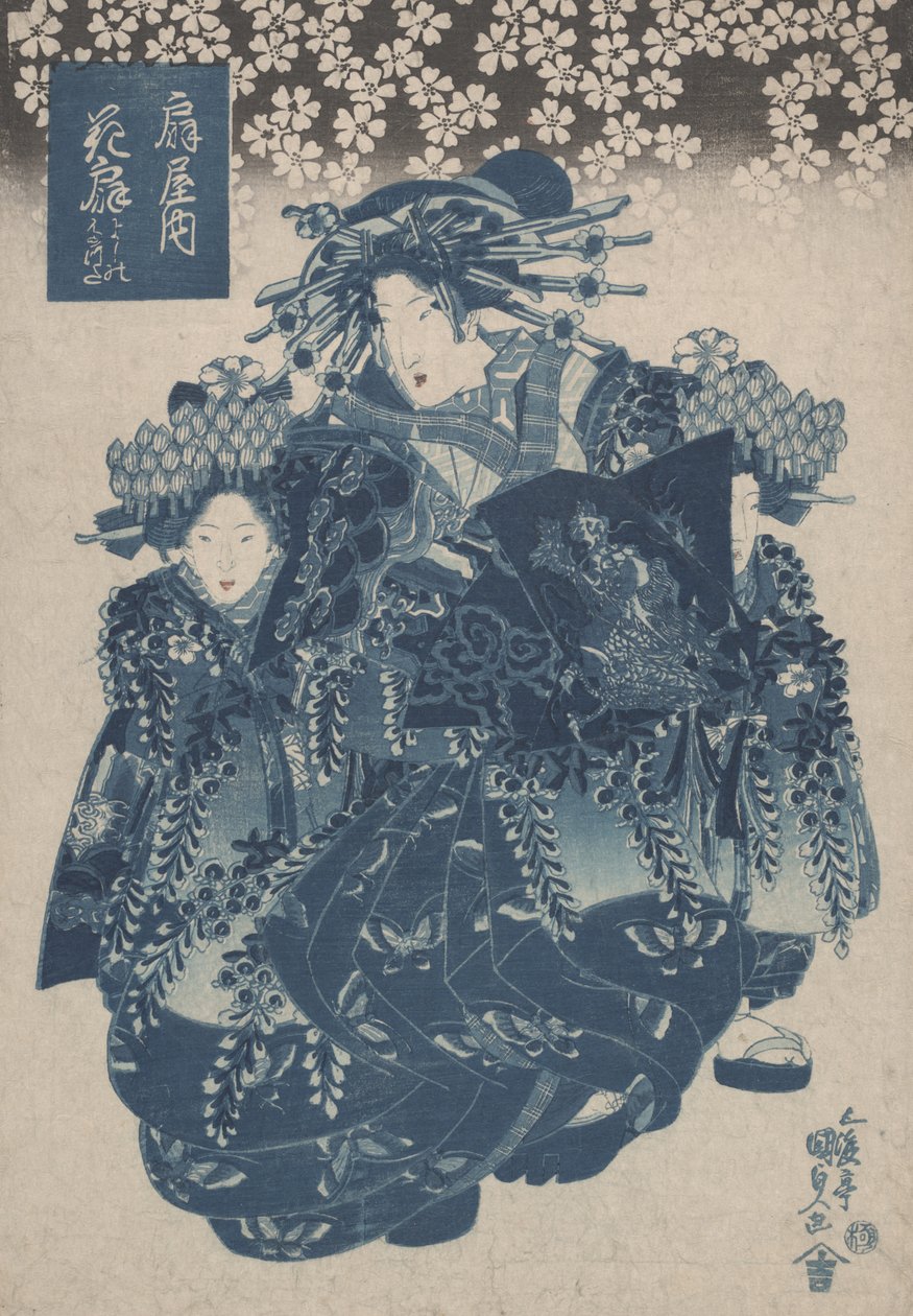 来自一系列妓女的&39;Ogiya的Hanaogi，Kamuro Yoshino和Tatsuta&39;用蓝色印刷 作者 歌川国贞