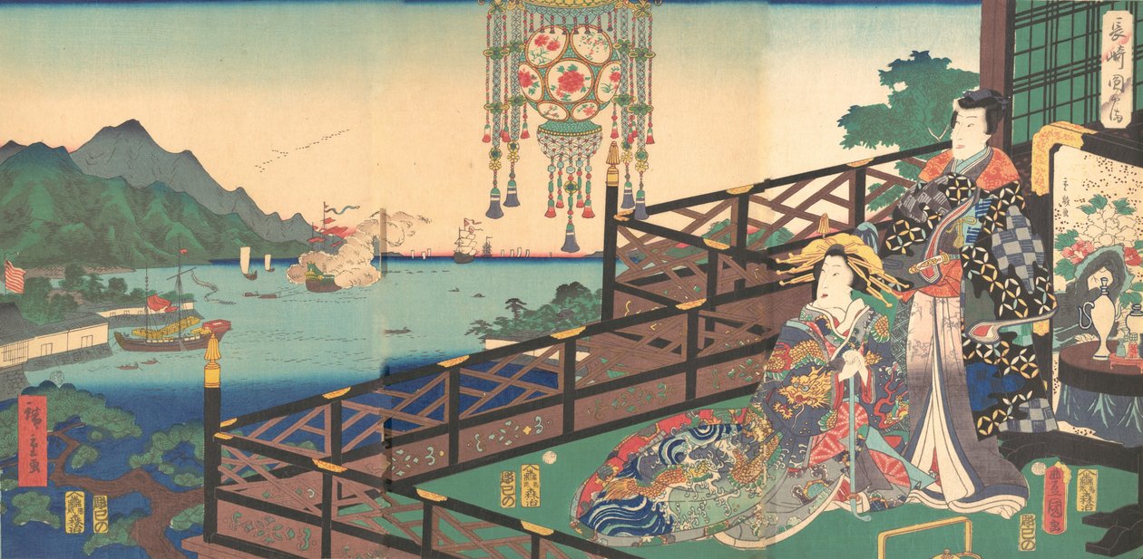 长崎长崎德岛丸山欢乐区的三津寺，1861年3月3日。 作者 歌川国贞