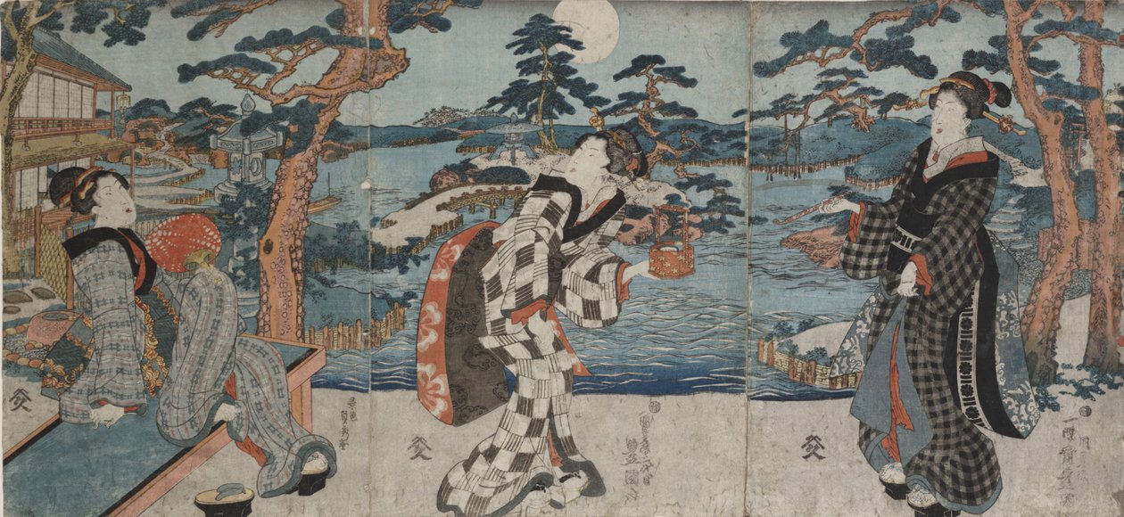 19世纪初至中叶，在接待顾客之前先在餐厅享受休闲（彩色木刻（三联画）） 作者 歌川国三