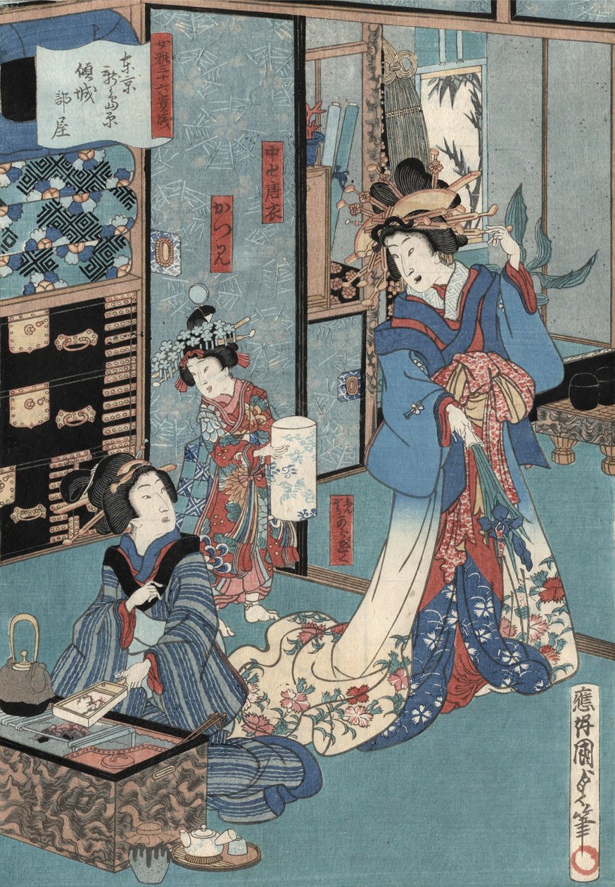 Ukiyo-e Print of Geisha with Hibachi by Kunisada II, c.1860 (colour woodblock print) 作者 歌川国贞II