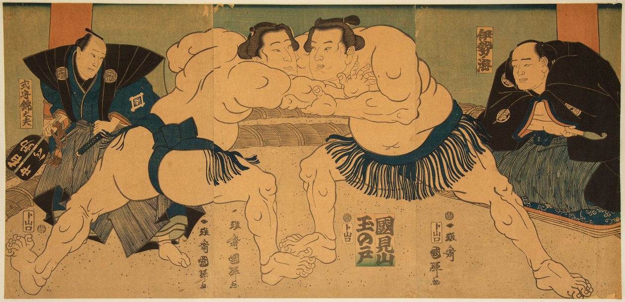 Combat de lutteurs de sumo, Tagasugo contre Ayusegawa. Estampe de Utagawa Kuniteru (1808-1876) 作者 歌川国辉