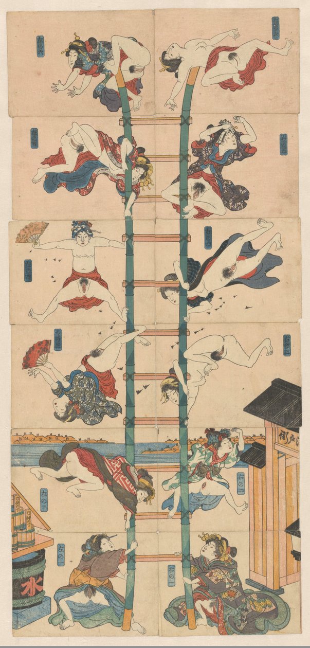Serie van twaalf koban Shunga met prostituées in de rol van acrobatische brandweerlieden 作者 歌川国芳（学园）