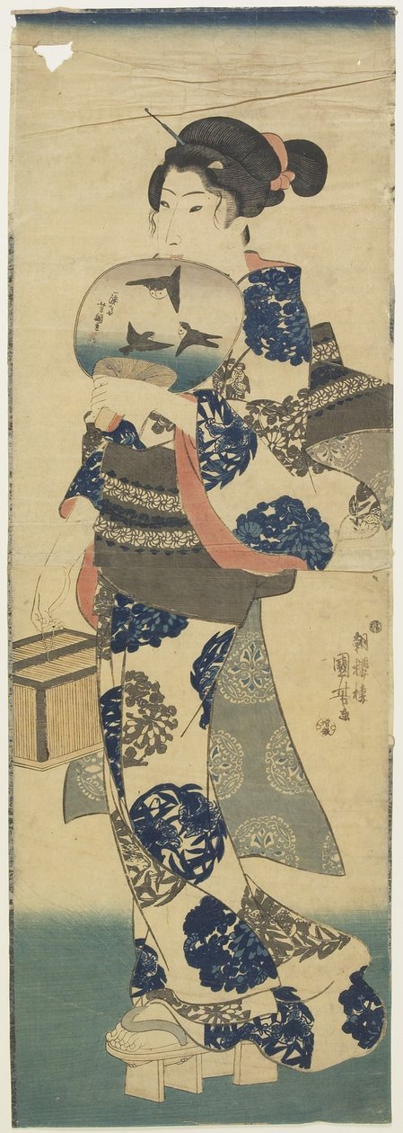 （风扇和板球笼的女人），1843-1847 作者 歌川国义