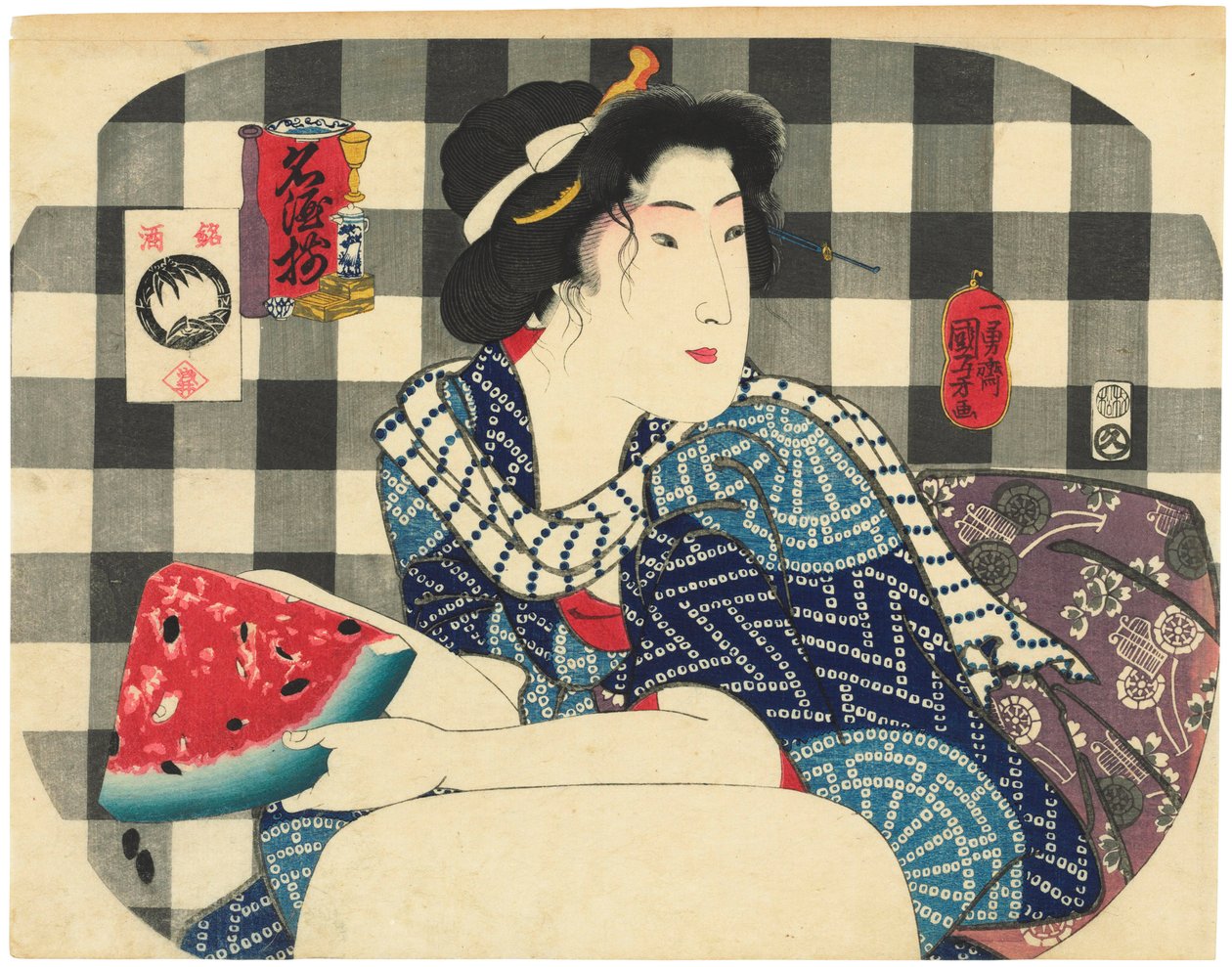 手持一片西瓜的女士，来自清酒著名品牌系列（Meishu zoroi） 作者 歌川国义