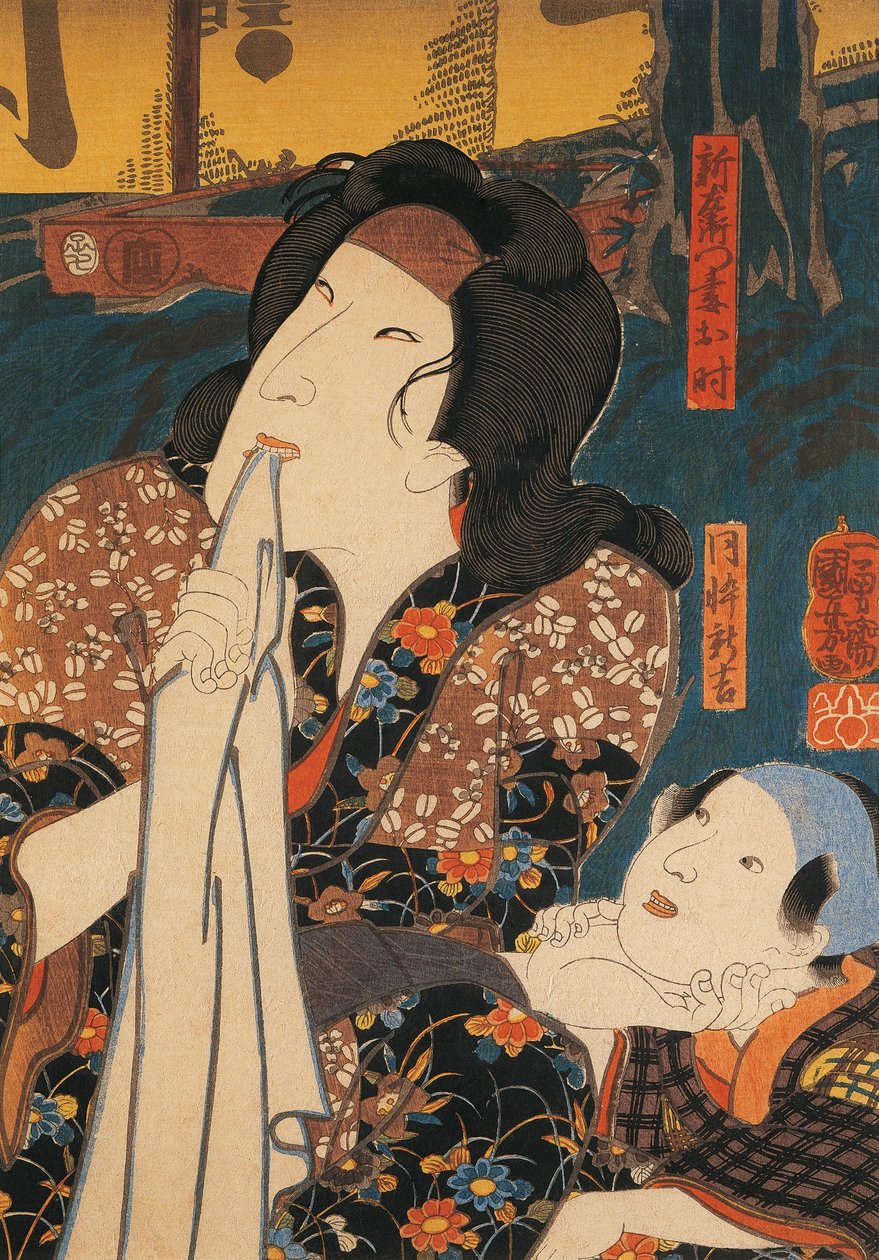 演员在孩子身边摆出沉思的姿势，由宇川国吉创作，木刻。 作者 歌川国义