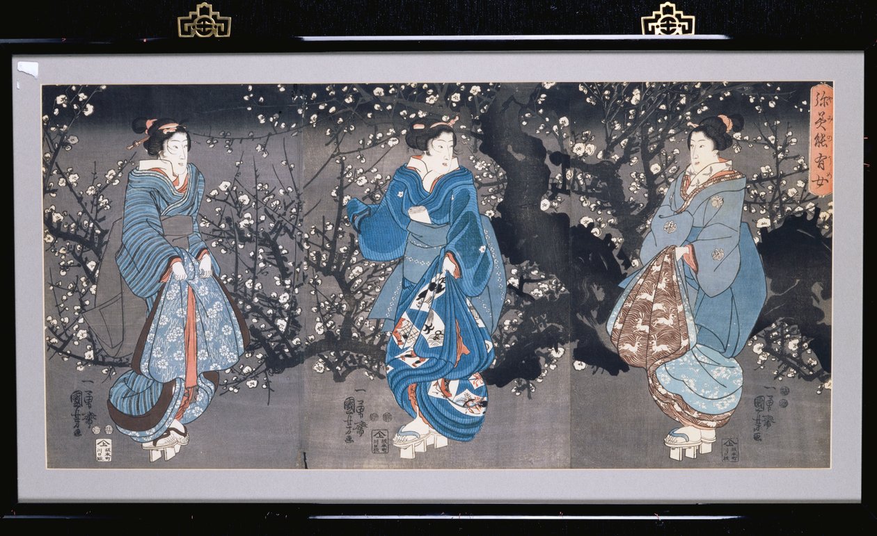 一部描绘三景夜景的三联画 作者 歌川国义