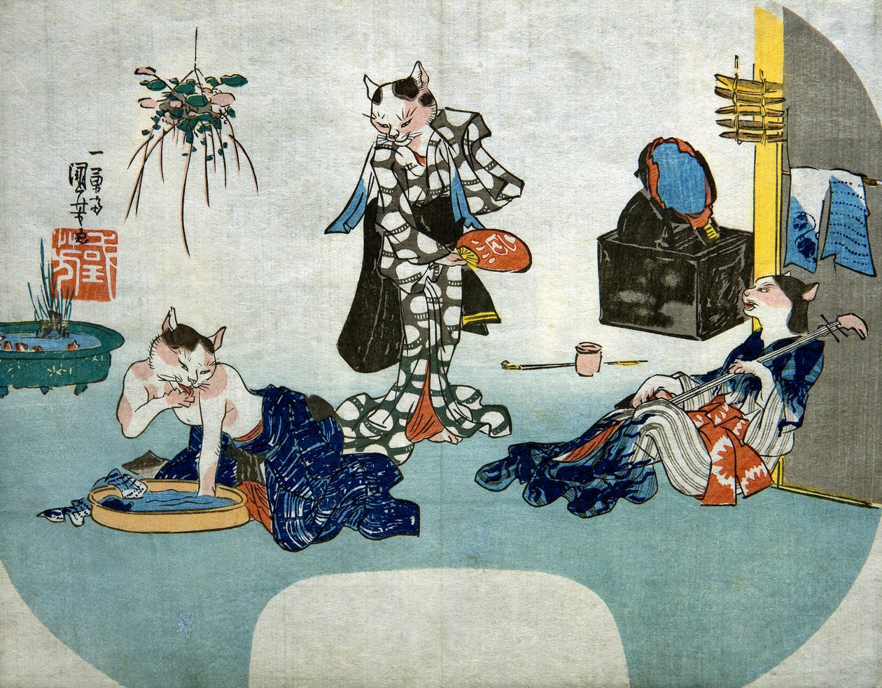 拟人化的猫在夏天放松，约 1842 年 作者 歌川国义