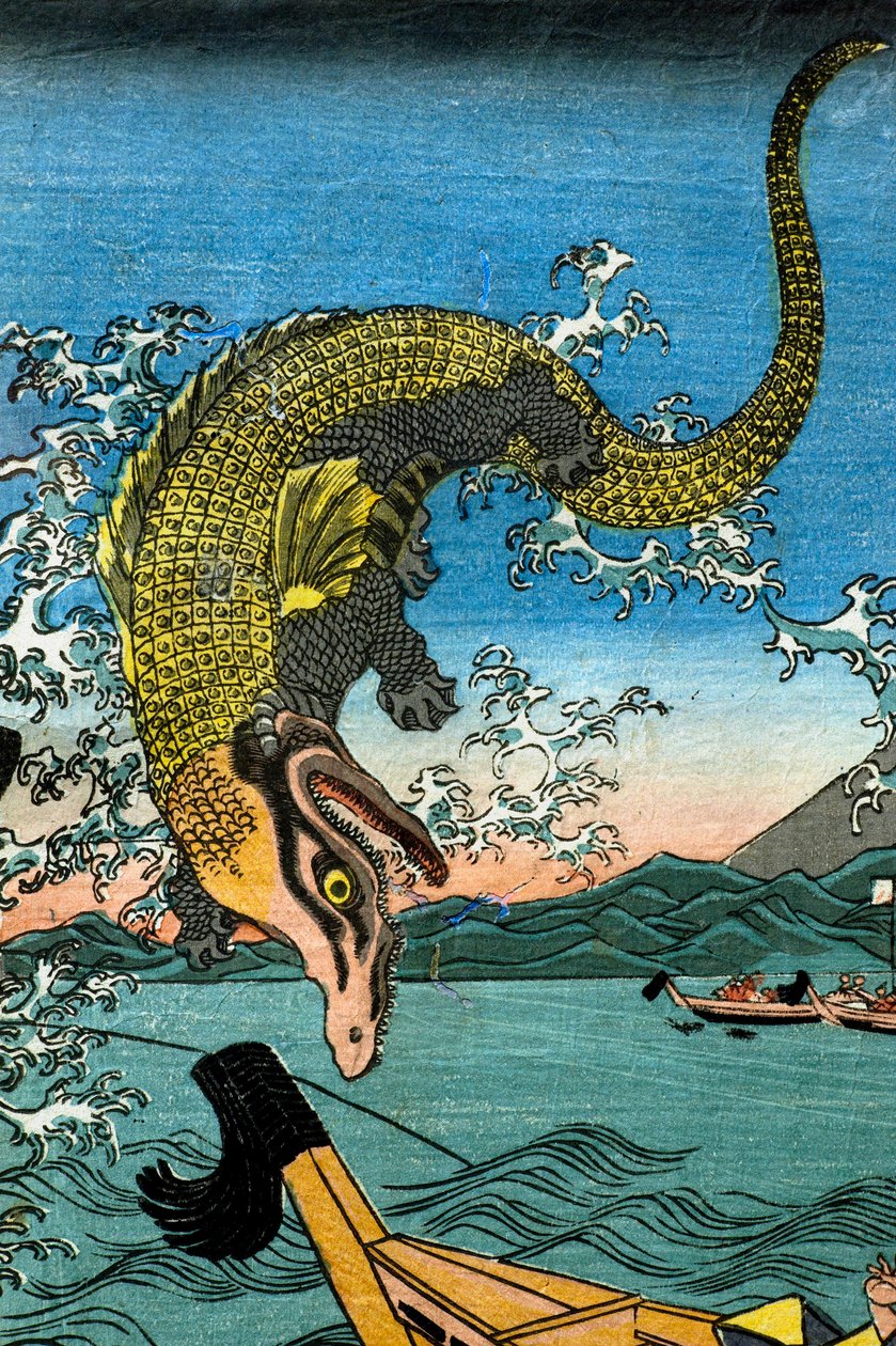 朝比奈吉英在镰仓小坪附近的海里与两只鳄鱼的战斗 作者 歌川国义
