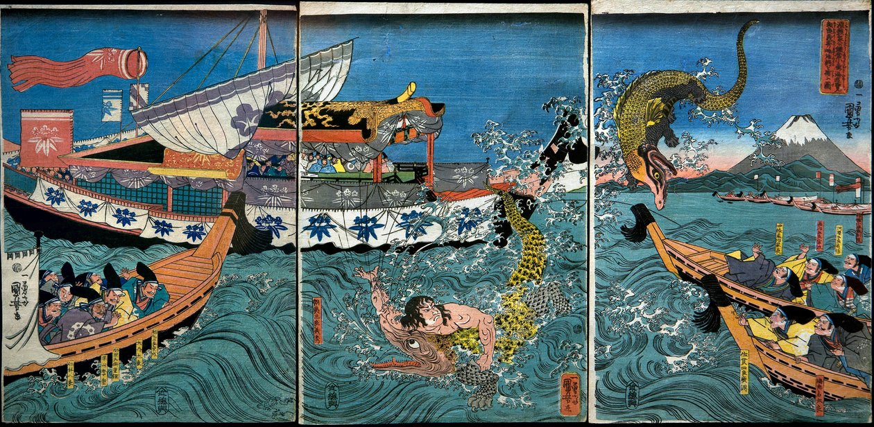 浅田义秀在镰仓小久保附近海域与两条鳄鱼的搏斗 作者 歌川国义