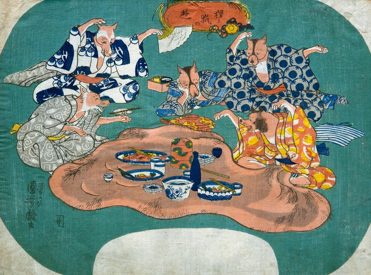 浣熊狗和狐狸在玩耍（Tanuki to kitsune no asobi），约1842年 作者 歌川国义