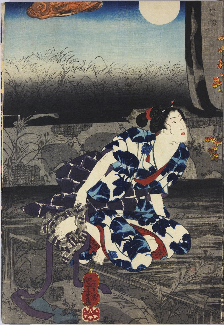 一幅彩色木版三联版画，题为“今生照宇寺 furudera no kozu（古寺旧画中的最新照寺）”，描绘了被月光撕裂、剥落的隔扇，破庙中的场景，以及辉—— 宇治递毛巾 作者 歌川国义