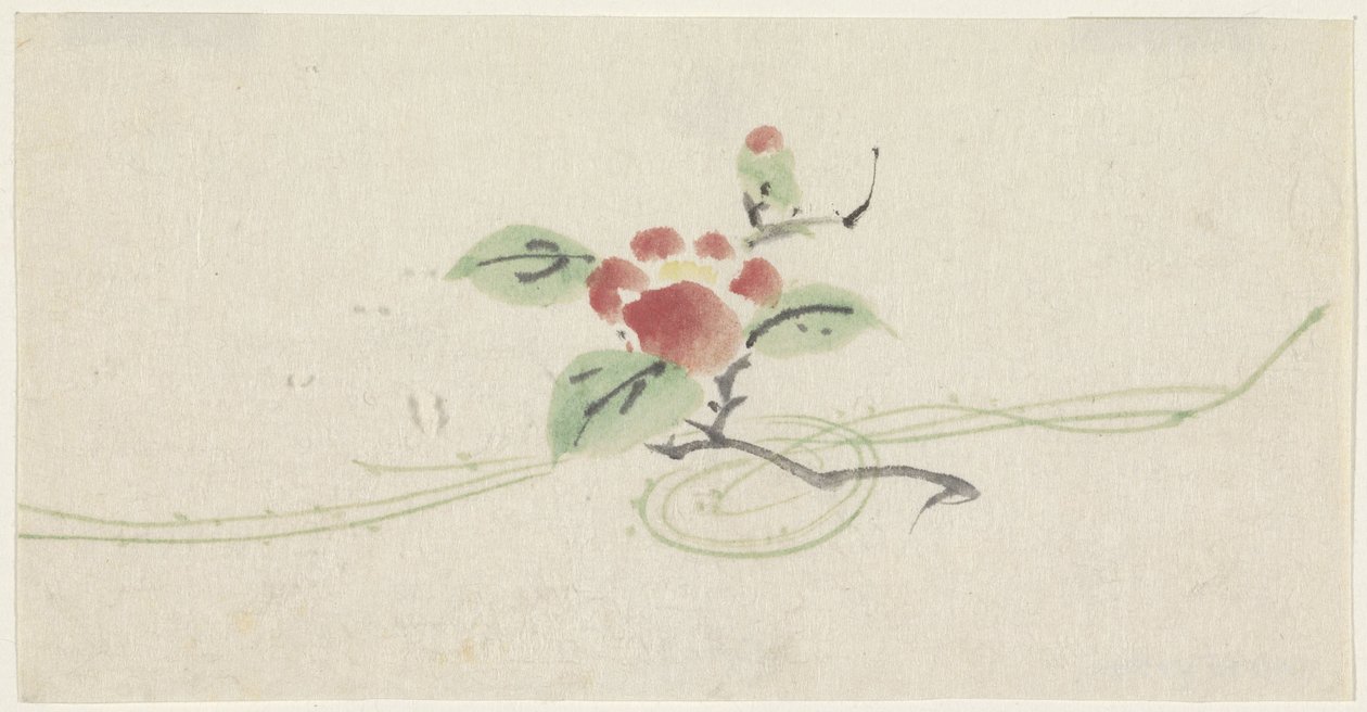 红色山茶花枝条 作者 歌川国义