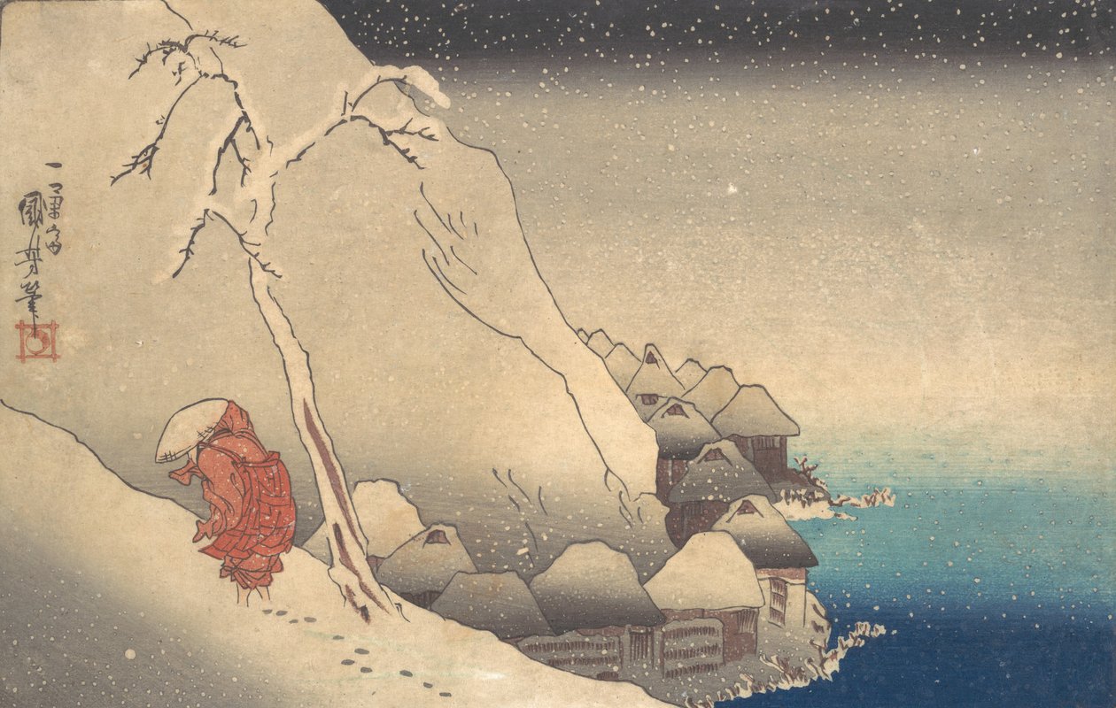 暴风雪中的旅行，约1830年。 作者 歌川国义