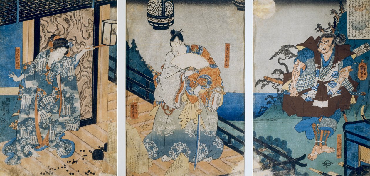 三联画与八幡太郎吉江的《考辛斯/渡海历险记》，宇田川国吉作 作者 歌川国义
