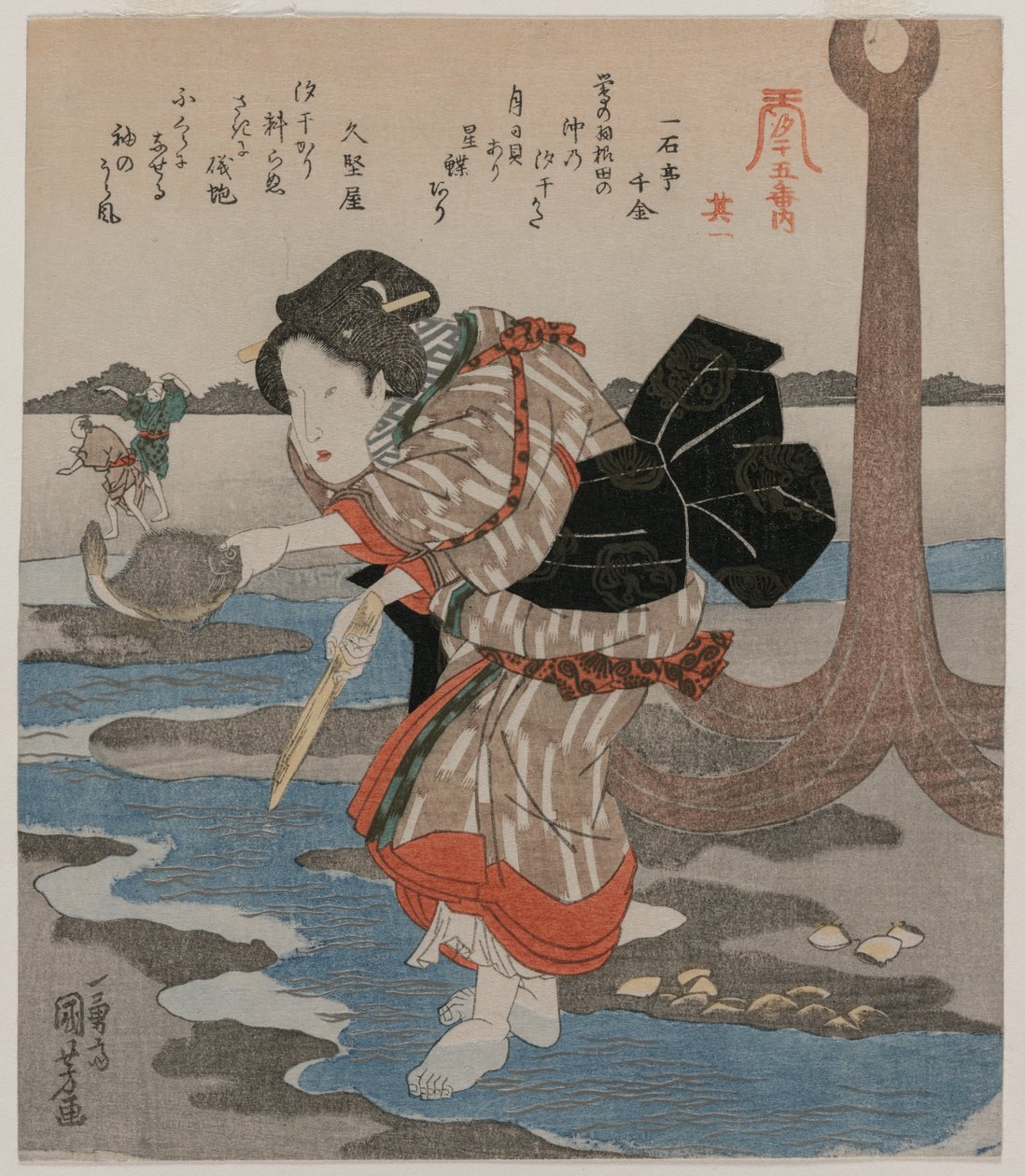 1820年代后期，来自《低潮的五张画》系列的“锚旁边的女人”。 作者 歌川国义