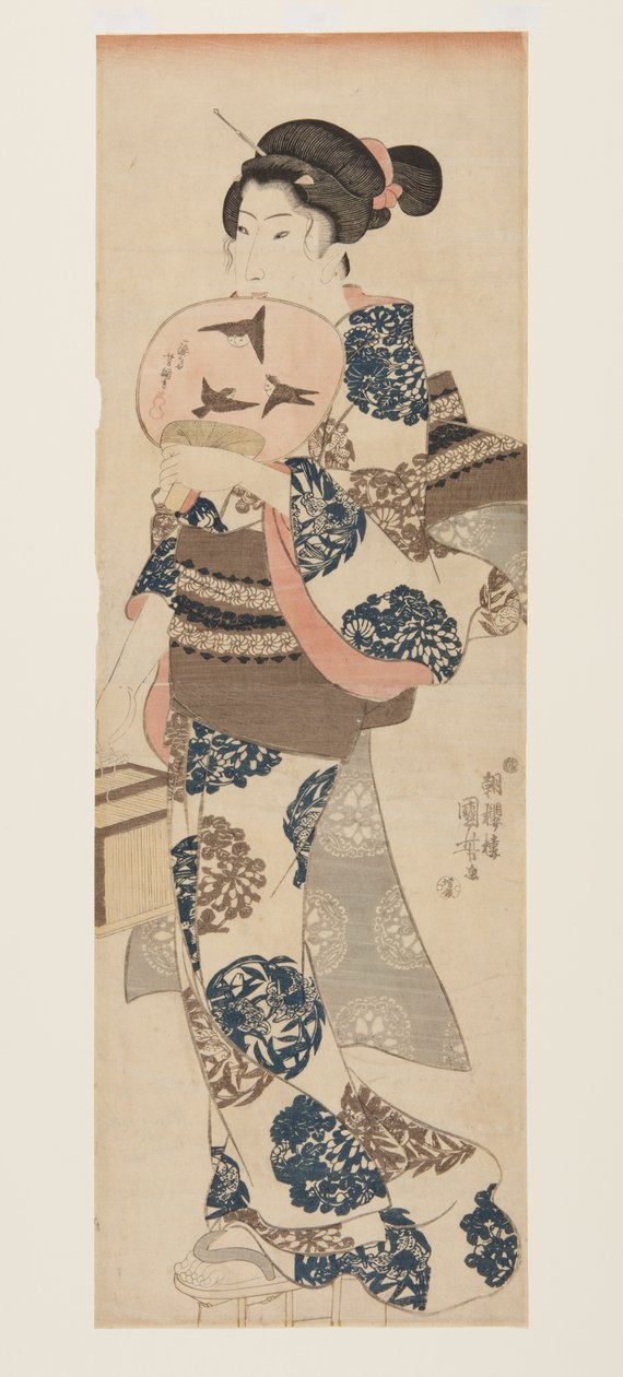 带扇子和昆虫笼的女人（彩色木版画 作者 歌川国义