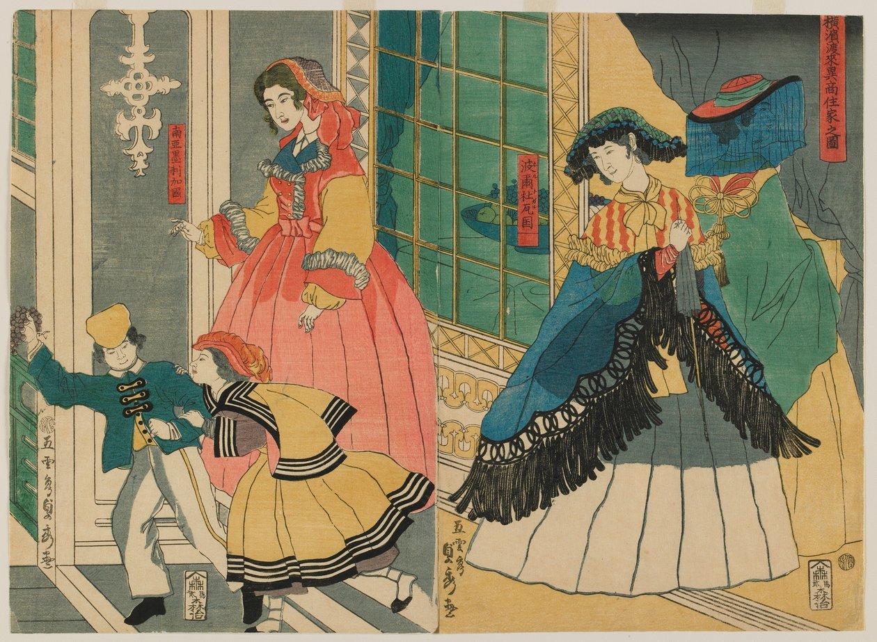 海外外国人住宅图片：葡萄牙和南美，江户时代，1861年（彩色木版画） 作者 歌川贞秀